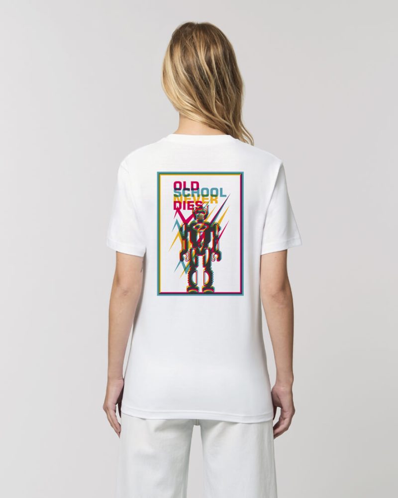 Camiseta orgánica blanca chica la vieja escuela nunca muere de espalda