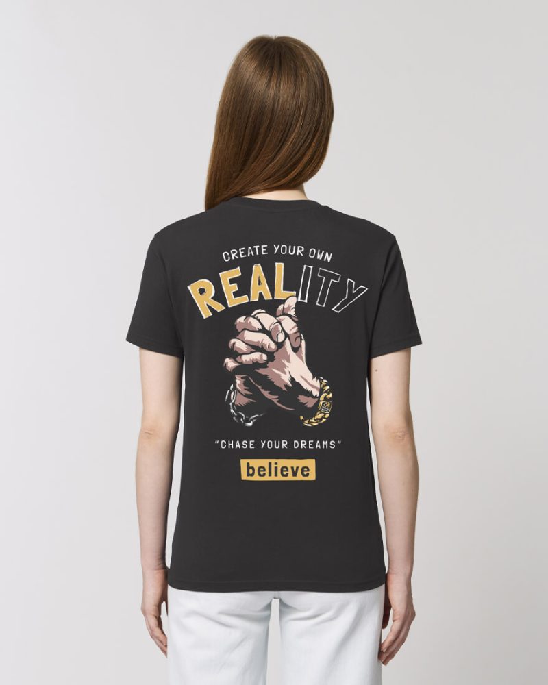 Camiseta orgánica negra chica crea tu realidad de espalda