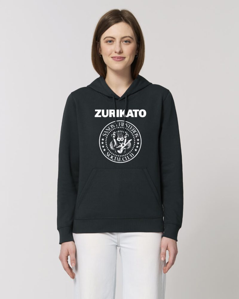 sudadera con capucha negra sanos y fiesteros chica de frente